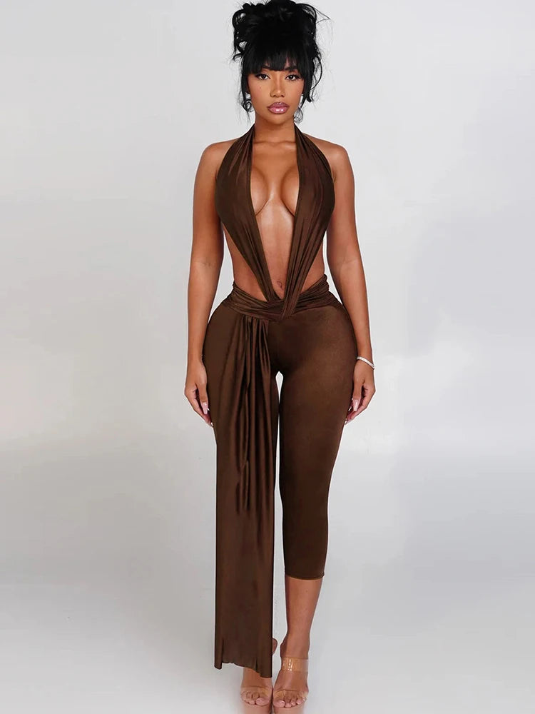 Midnight Patchwork Halter Romper Backless Slim Fit