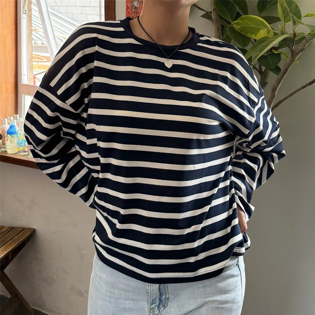 Vintage Luxe Relaxed Striped Tunic Top For Women Long Sleeve Round Neck