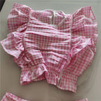 Cotton Plaid Ruffled Top And Shorts Set For Women