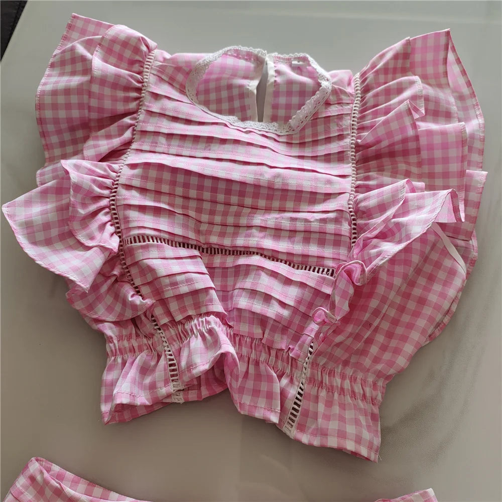 Cotton Plaid Ruffled Top And Shorts Set For Women