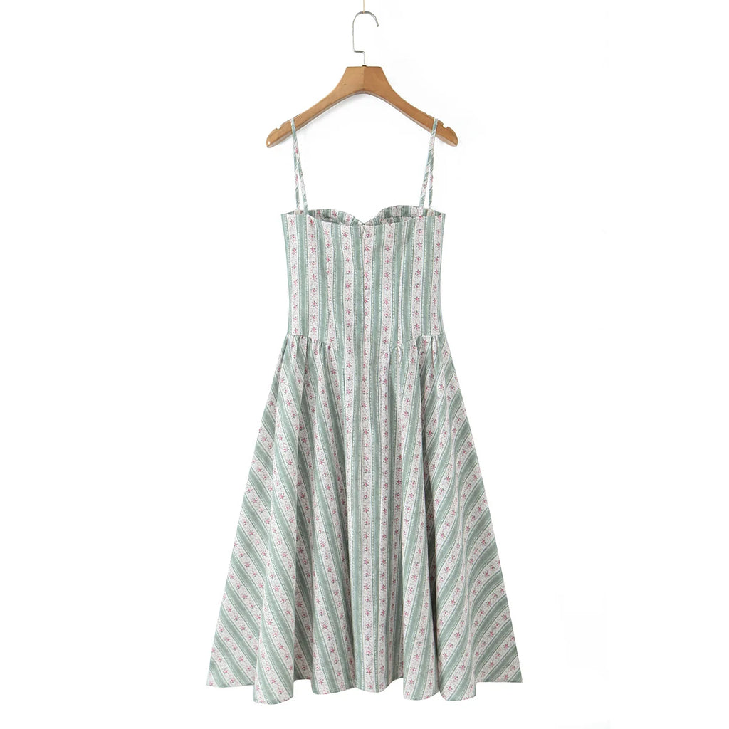 Spaghetti Strap Striped Floral Midi Dress For Women Elegant A Line