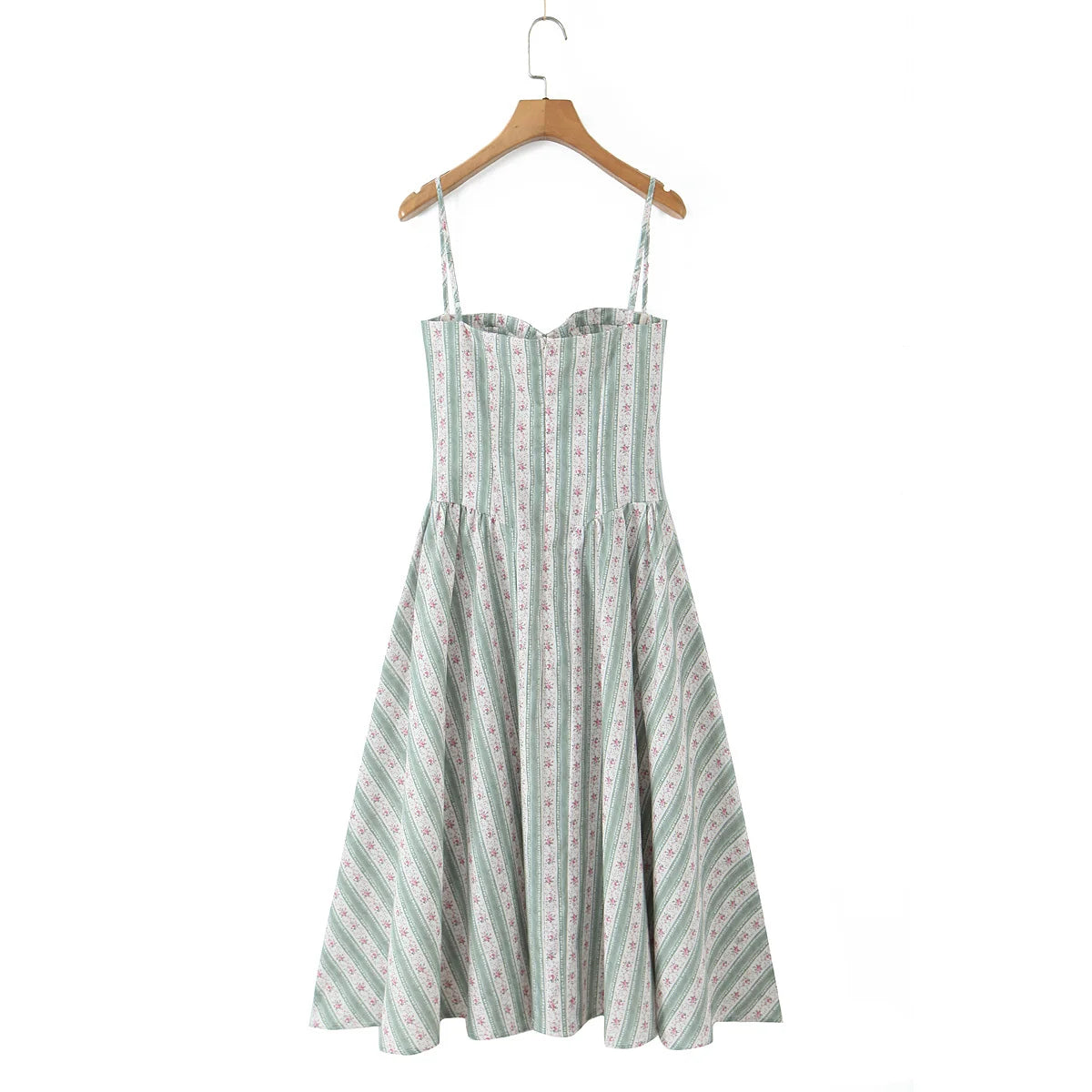 Spaghetti Strap Striped Floral Midi Dress For Women Elegant A Line