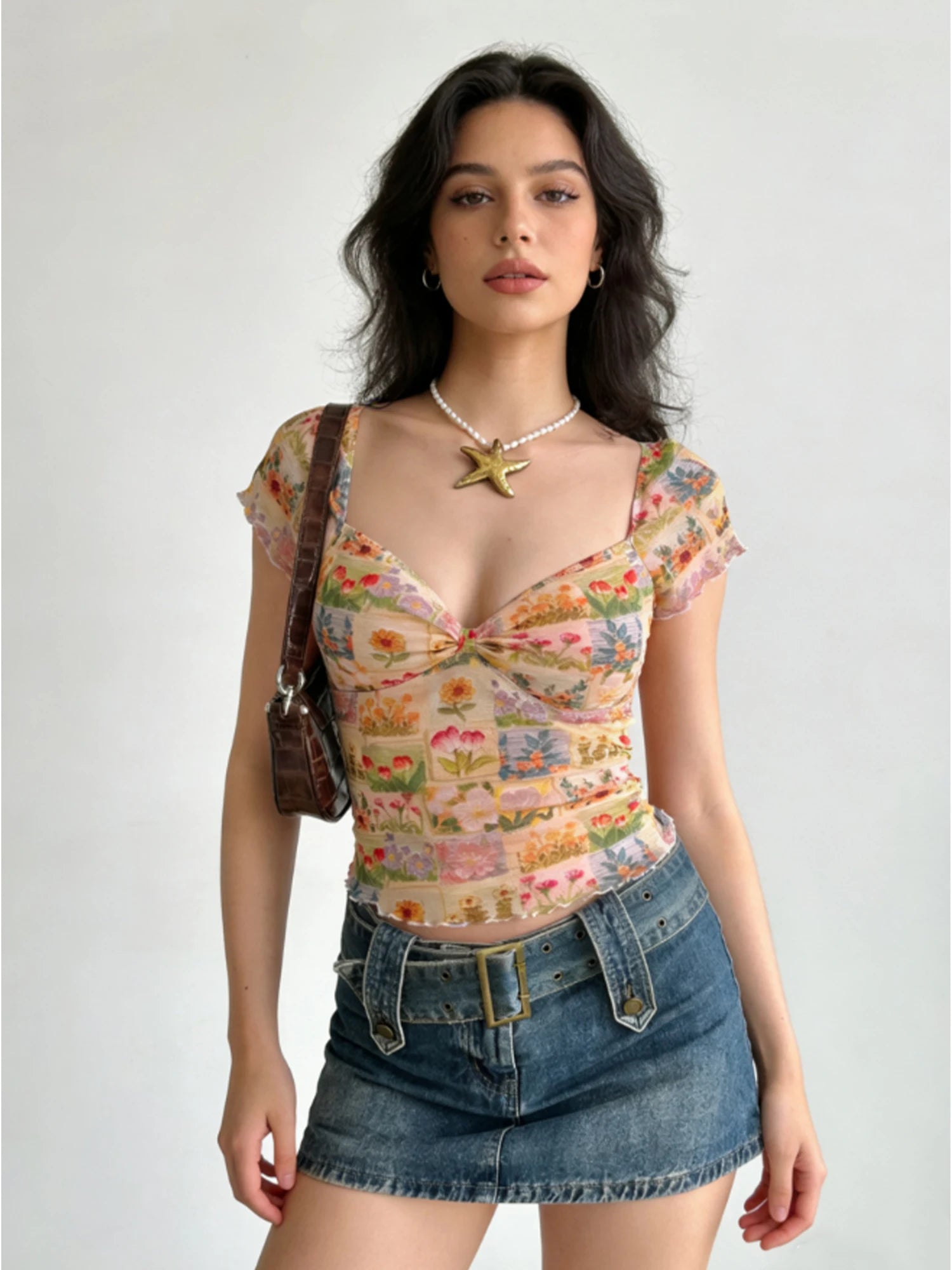 Yellow Floral Lace Mesh V Neck Tee Top