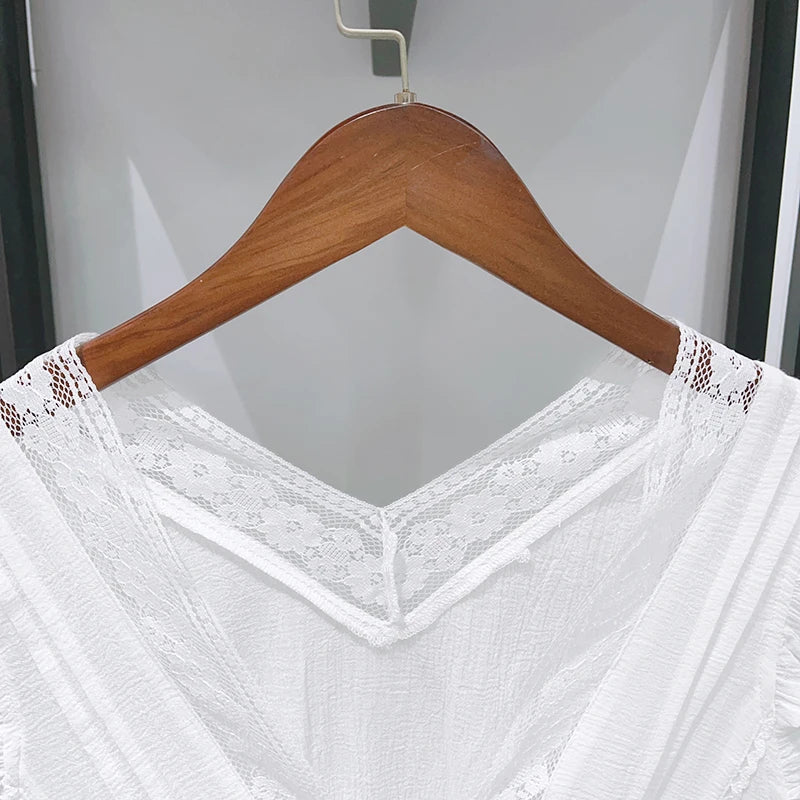 Sweet Lace V Neck Blouse With Ruffles And Flutter Sleeves