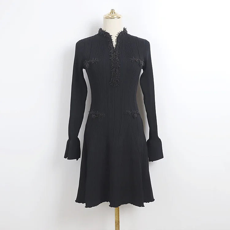 Pearl Beaded Knit Dress With Flare Sleeves And V Neck