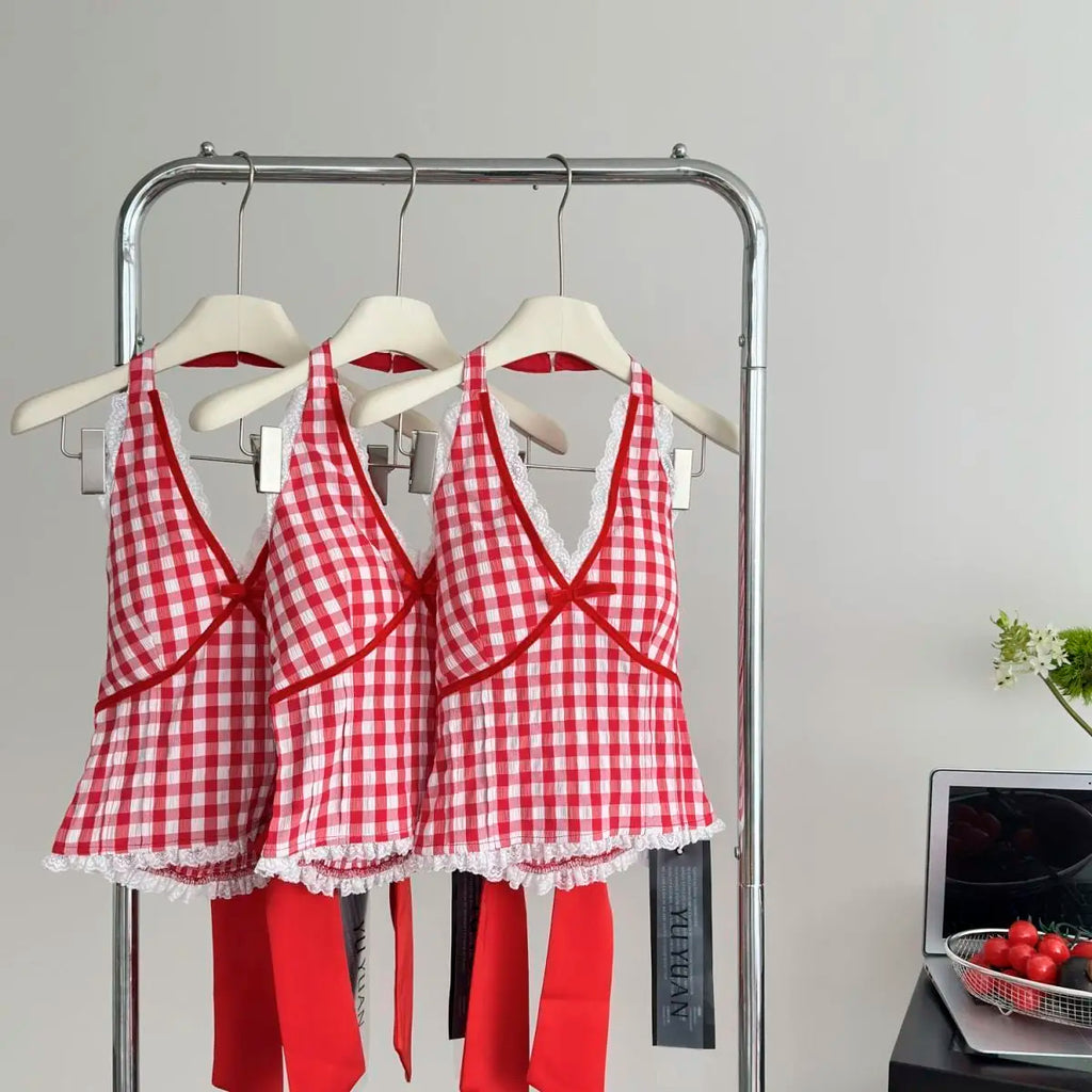 Halter Neck Bow Plaid Crop Top With Shirred Back For Women Cute Fashion Blouse