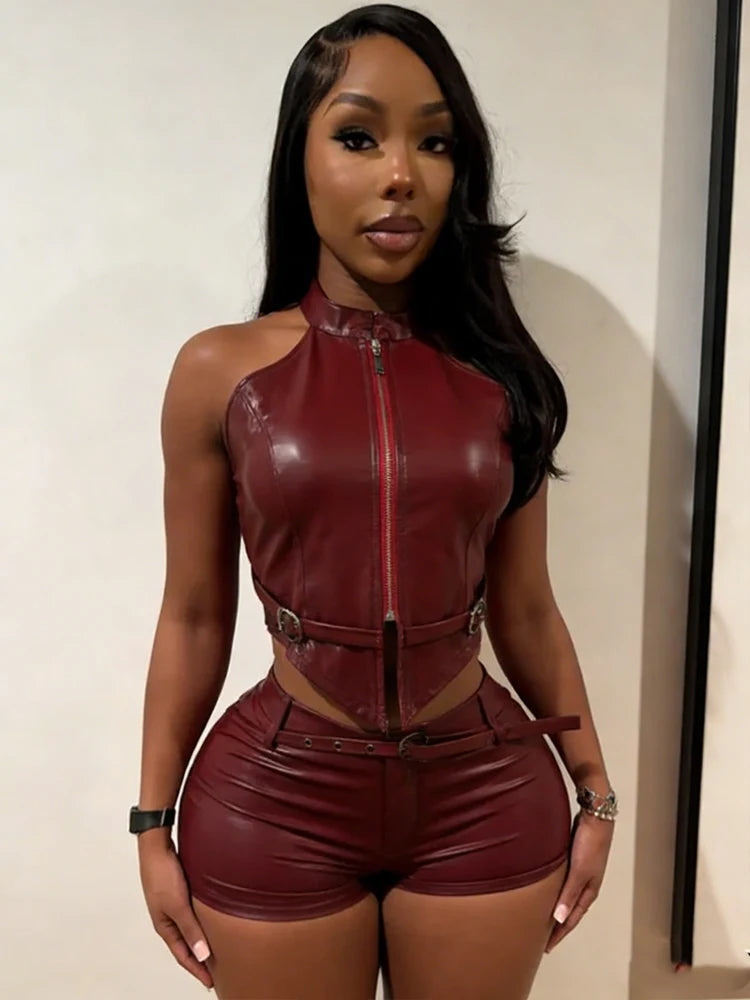 Luxe Two Piece Belted PU Set With Zip Halter Top And Skinny Shorts