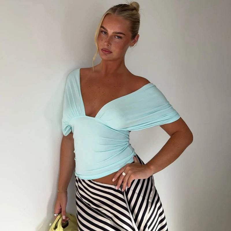 Women Halter Neck Backless Elastic V Neck Crop Top