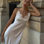 V-Neck Satin Sling Maxi Dress With Lace Patchwork Backless Evening Gown