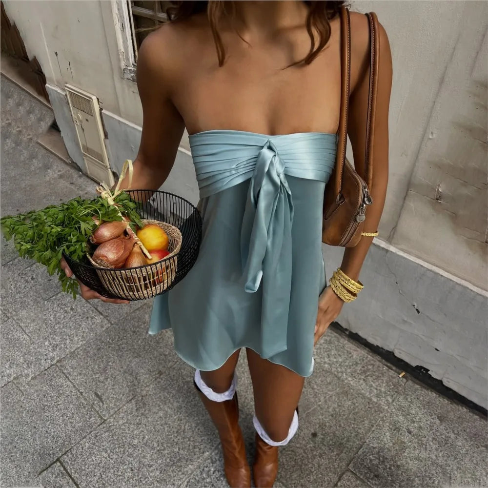 Simple Fashion Ssleeveless Satin Tube Top Strap Low Waist Short Dress