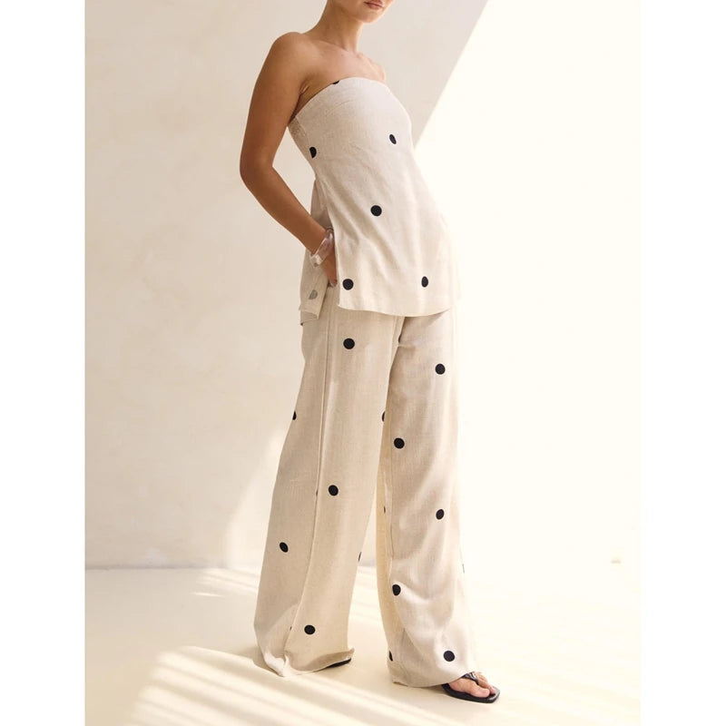 Polka Dot Print Outfits Set Smocked Backless Strapless Tube Tops+Elastic High Waist Wide Leg Pants