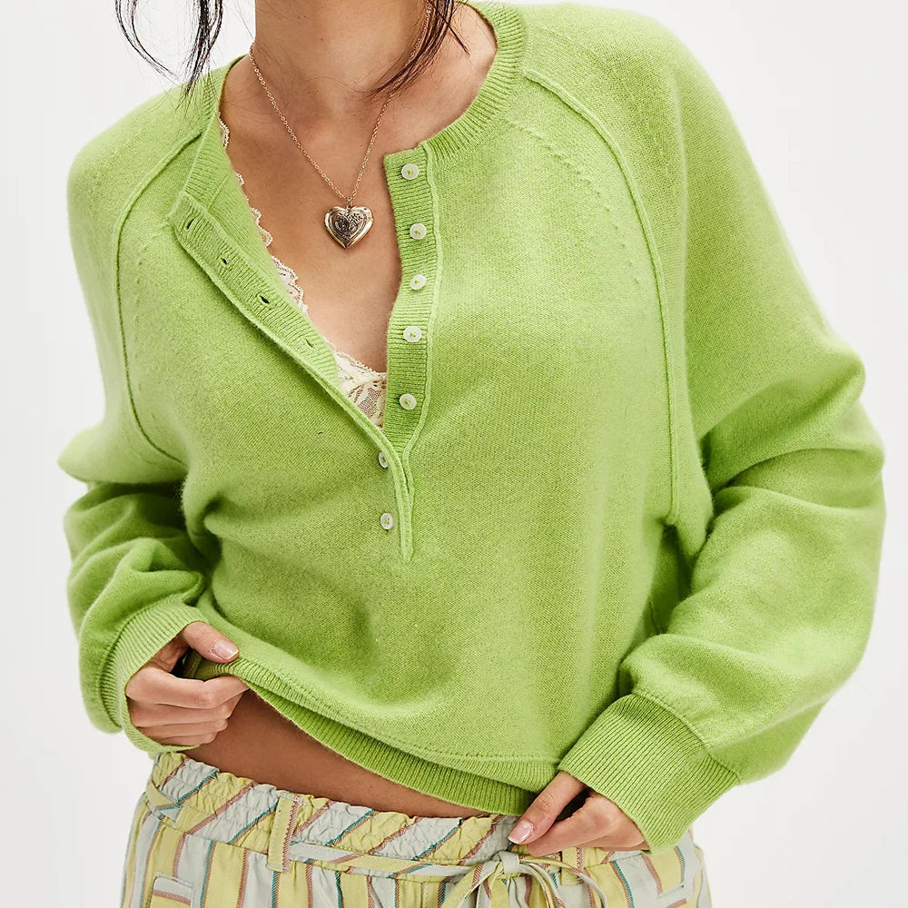 Vintage Long Sleeve O-neck Pullover Sweaters Preppy Solid Button Loose Fits Knitwear