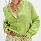 Vintage Long Sleeve O-neck Pullover Sweaters Preppy Solid Button Loose Fits Knitwear