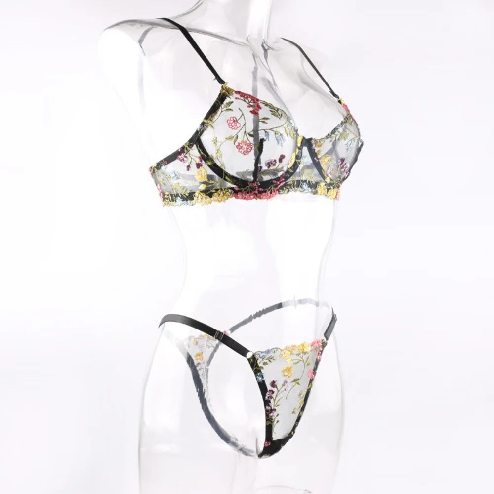 Floral Sheer Embroidery Lingerie Set With Underwire Push Up Bra And Panty Two Piece
