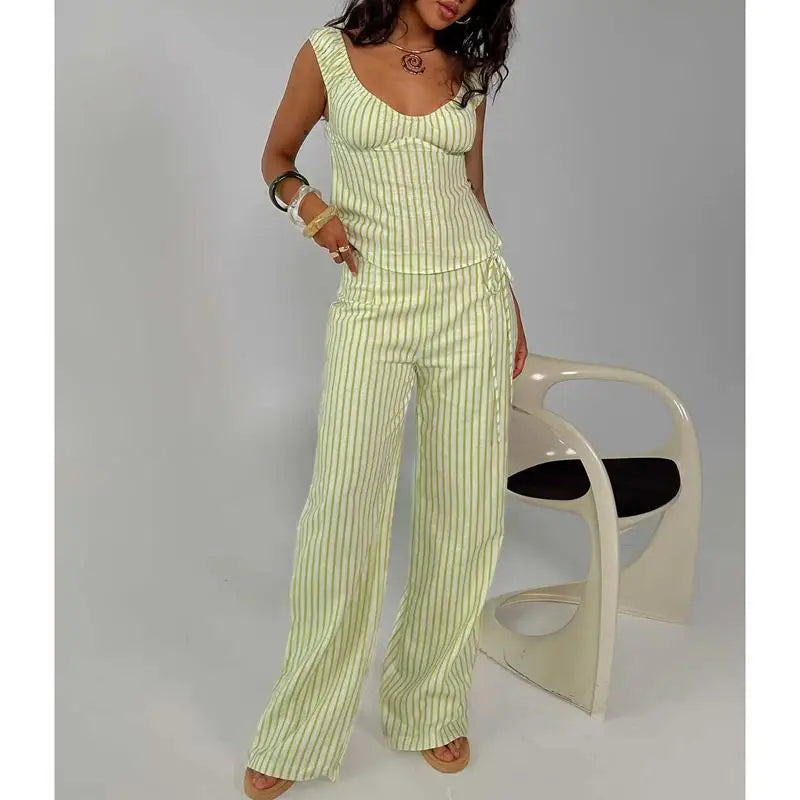 Striped Set With Backless V Neck Crop Top And Bow Belted Straight Pants