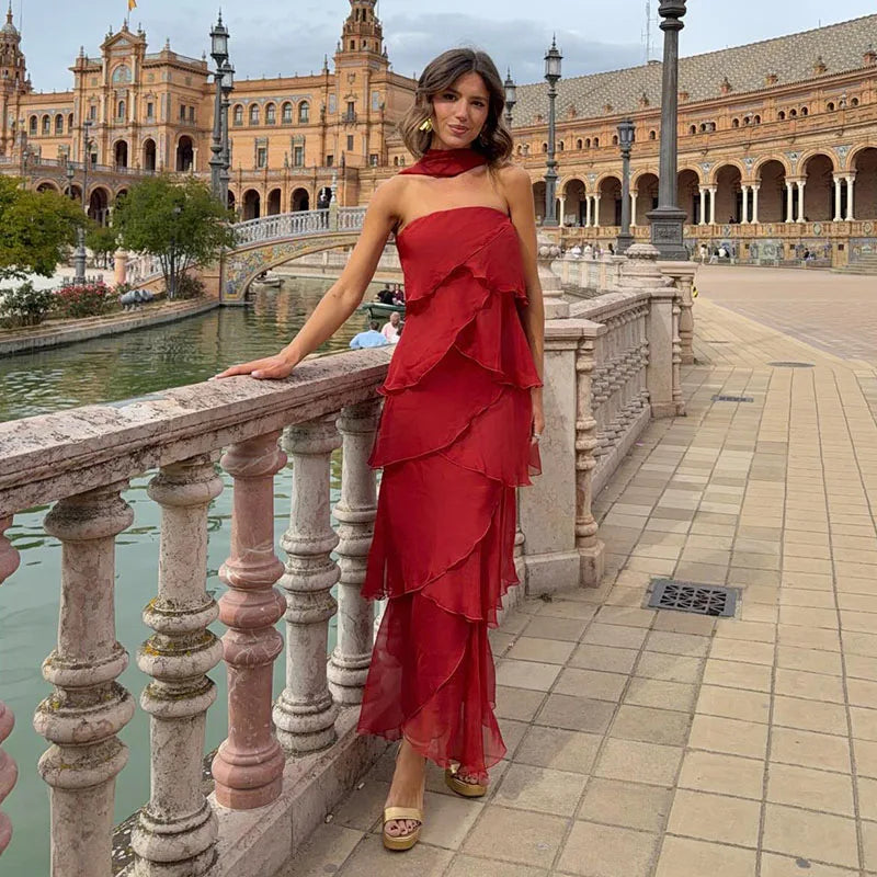 Gradient Flowy Chiffon Three Piece Set With Tube Top Tiered Skirt And Sheer Scarf