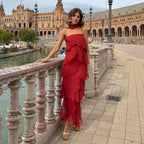 Gradient Flowy Chiffon Three Piece Set With Tube Top Tiered Skirt And Sheer Scarf