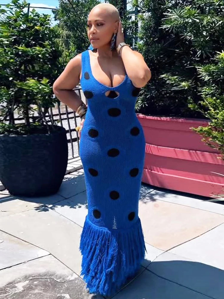 Midnight Sleeveless Knit Maxi Dress With Hollow Dot Tassel Hem