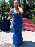 Midnight Sleeveless Knit Maxi Dress With Hollow Dot Tassel Hem