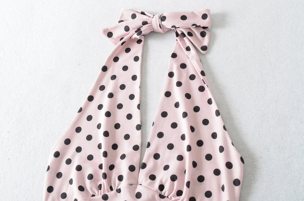 Hot Girl Spicy Two-Piece  Retro Polka Dot Necktie Top Satin High Waist Short Skirt Set
