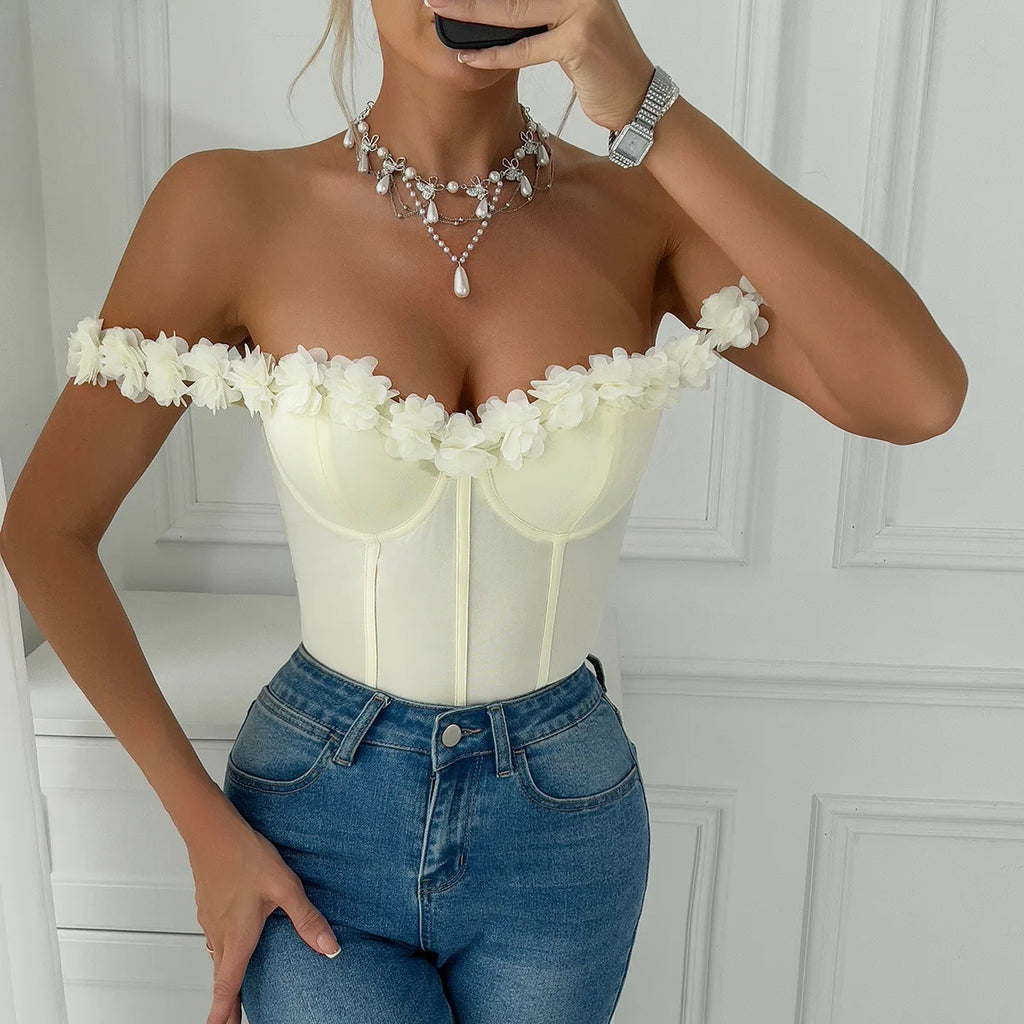 Bold Yellow Lace Bodysuit With 3D Flowers Off Shoulder Ruffles And Sheer Corset Detail