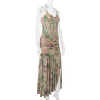 Elegant Floral Spaghetti Strap Maxi Dress With Backless High Split Ruched Silhouette