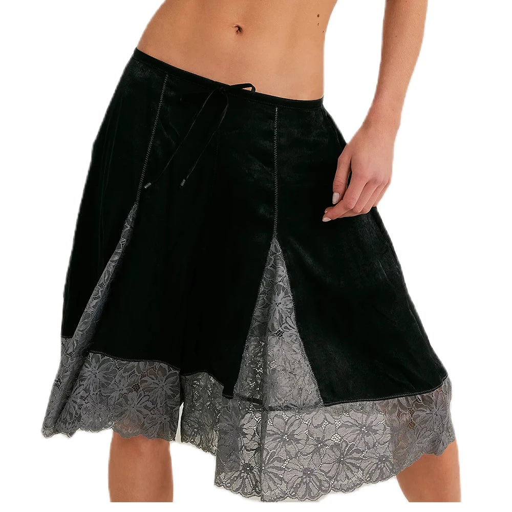 Y2K Lace Floral Bloomers Midi Pants With Silk Satin Patchwork Ruffles