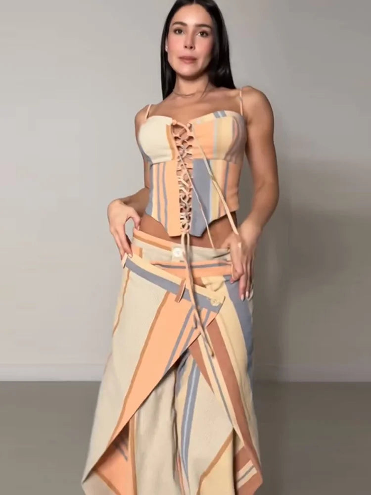 Chic Strips Pants Women Set Patchwork Slash Neck Bandage Top Pleated Asymmetry Trousers