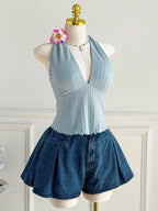 Plus Size Ribbed Halter Cami Top With V Neck And Back Tie Bow