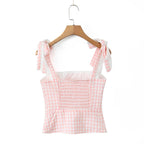 Women New Fashion Sweet Plaid Chic Lace Patchwork French Square Collar Backless Top