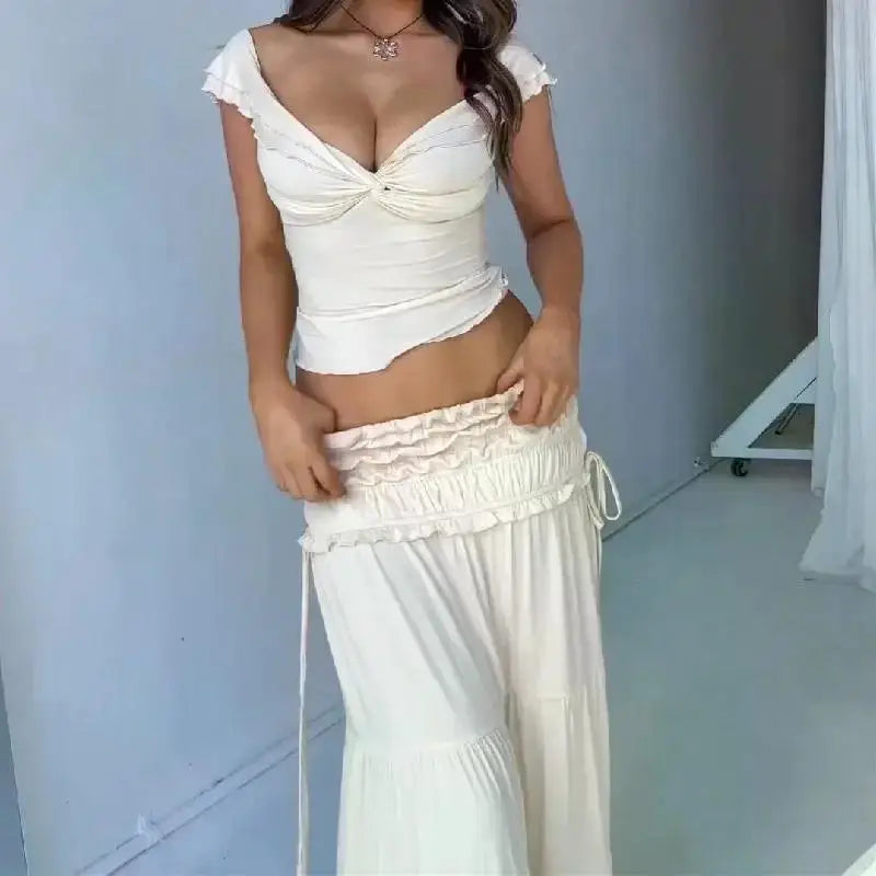Ruffle 2 Piece Set Women Outfit Crop Top And Skirt Sets