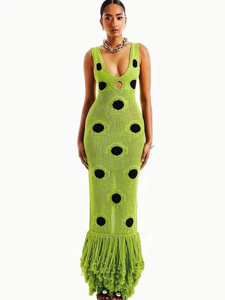 Midnight Sleeveless Knit Maxi Dress With Hollow Dot Tassel Hem