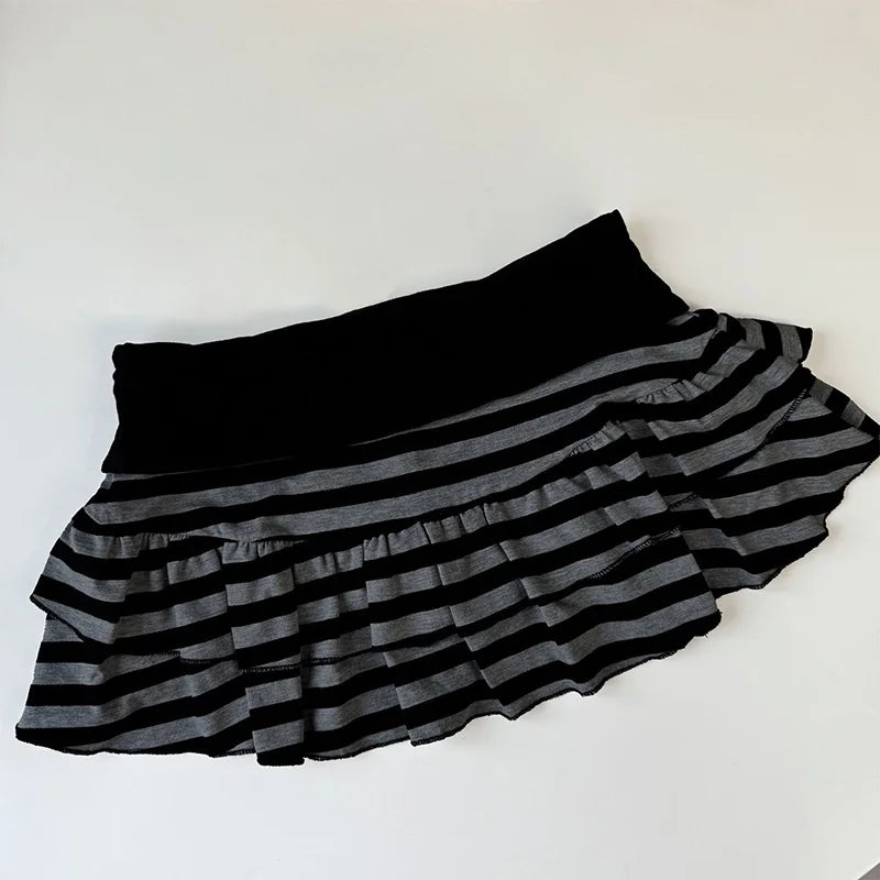 Grunge Stripe Ruffle Mini Skirt With High Waist Elastic Comfort A-Line