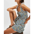 Floral Summer Two Piece Set With Frill Trim Square Neck Tank Top And Drawstring Ruffle Skirt