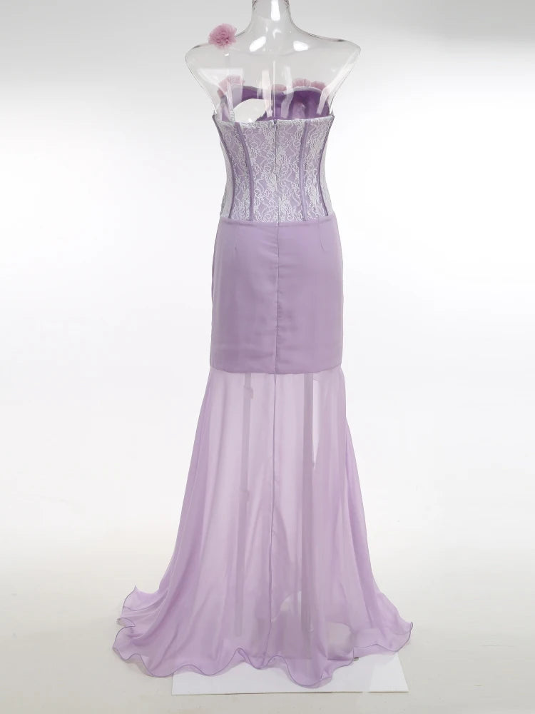 One Shoulder Floral Hollow Out Purple Maxi Dress