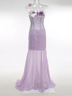 One Shoulder Floral Hollow Out Purple Maxi Dress