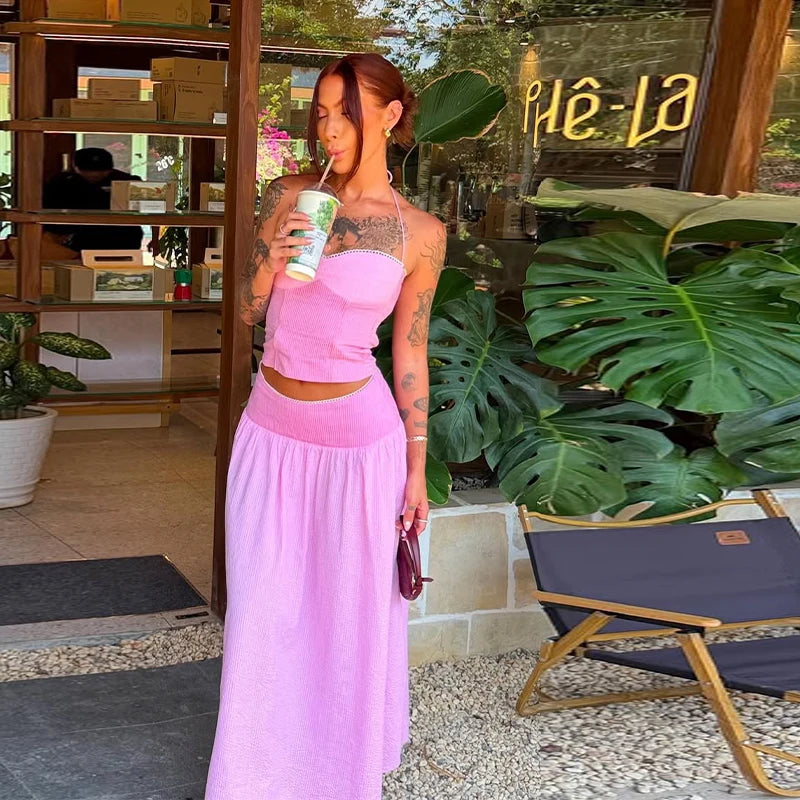 Hanging-Neck Top And A-Line Skirt Set Sleeveless Backless Bandage Style