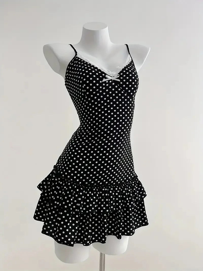 Polka Dot Camisole Mini Dress With V Neck And Ruffle Hem Slim Fit