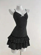 Polka Dot Camisole Mini Dress With V Neck And Ruffle Hem Slim Fit