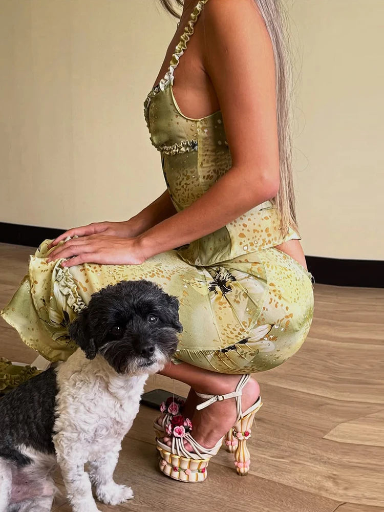 See Through Two Piece Set With Ruffles Patchwork Camisole And Tiered Skirts