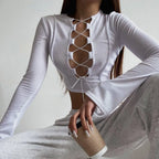 Cross Tie Strap Hollow Out Midriff Top With Long Sleeves