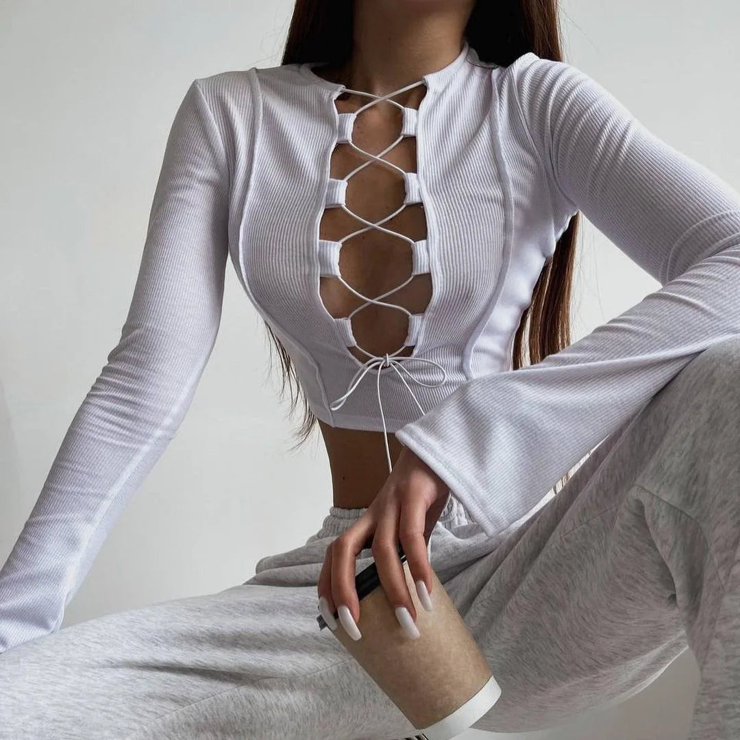 Cross Tie Strap Hollow Out Midriff Top With Long Sleeves