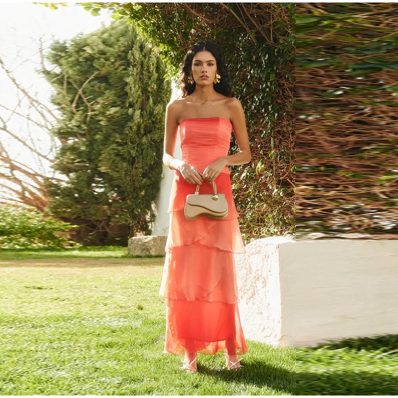Gradient Flowy Chiffon Three Piece Set With Tube Top Tiered Skirt And Sheer Scarf