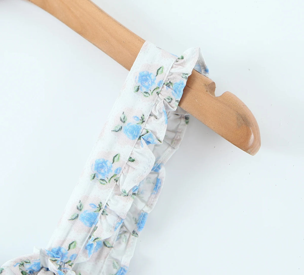 Flower Print Corset Ruched Elastic Body Sling Mini Square Collar Ruffles Hem Dress
