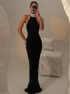 Elegant Backless Halter Ruched Long Dress With Striped Detailing