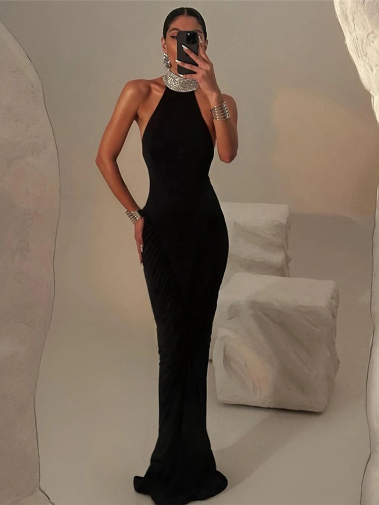 Elegant Backless Halter Ruched Long Dress With Striped Detailing