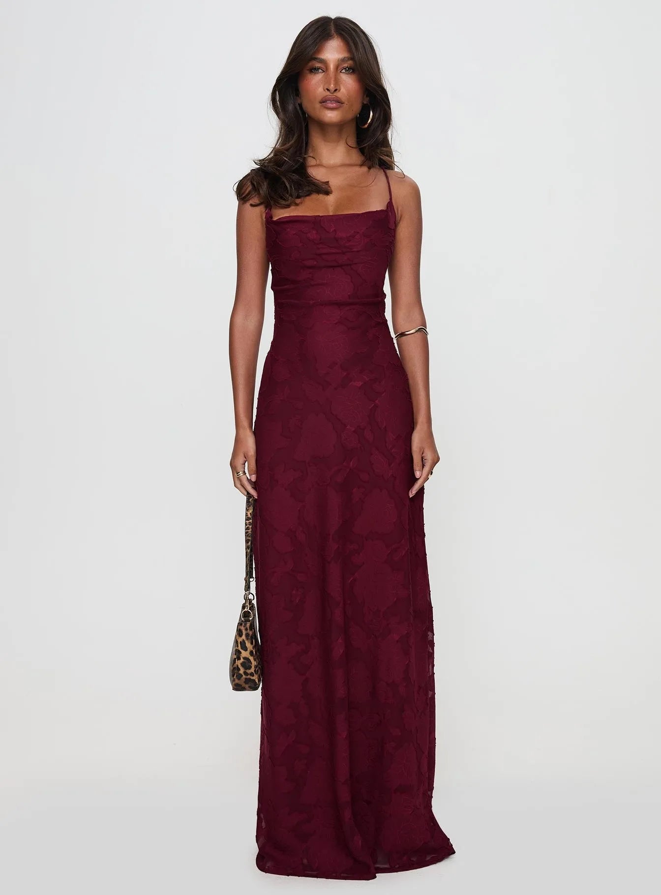 Romantic Floral Jacquard Maxi Dress With Spaghetti Straps Ruched