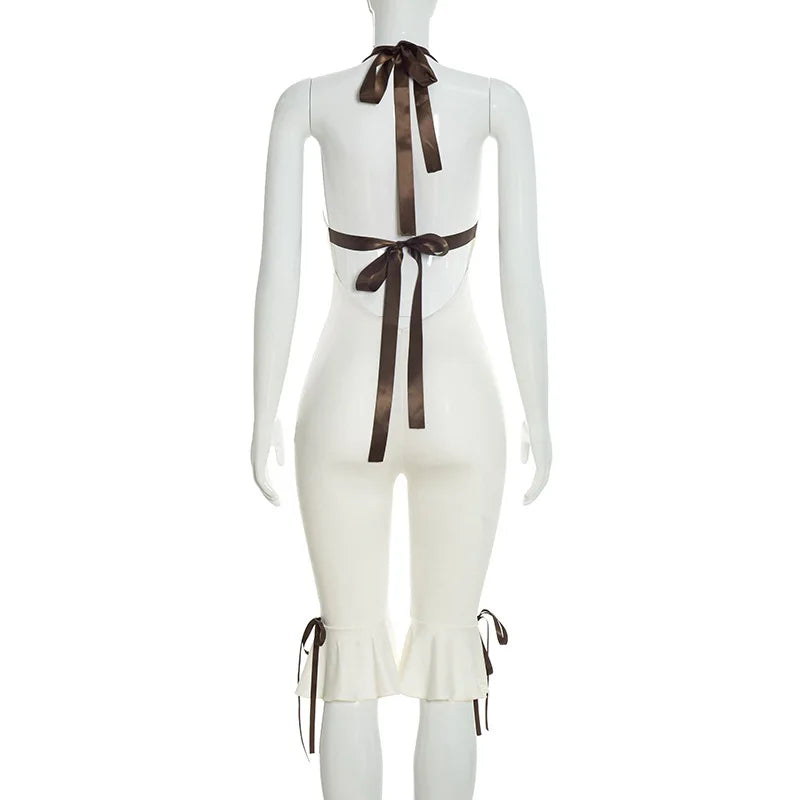 Lace Up Halter Bow Jumpsuit For Women V Neck Backless