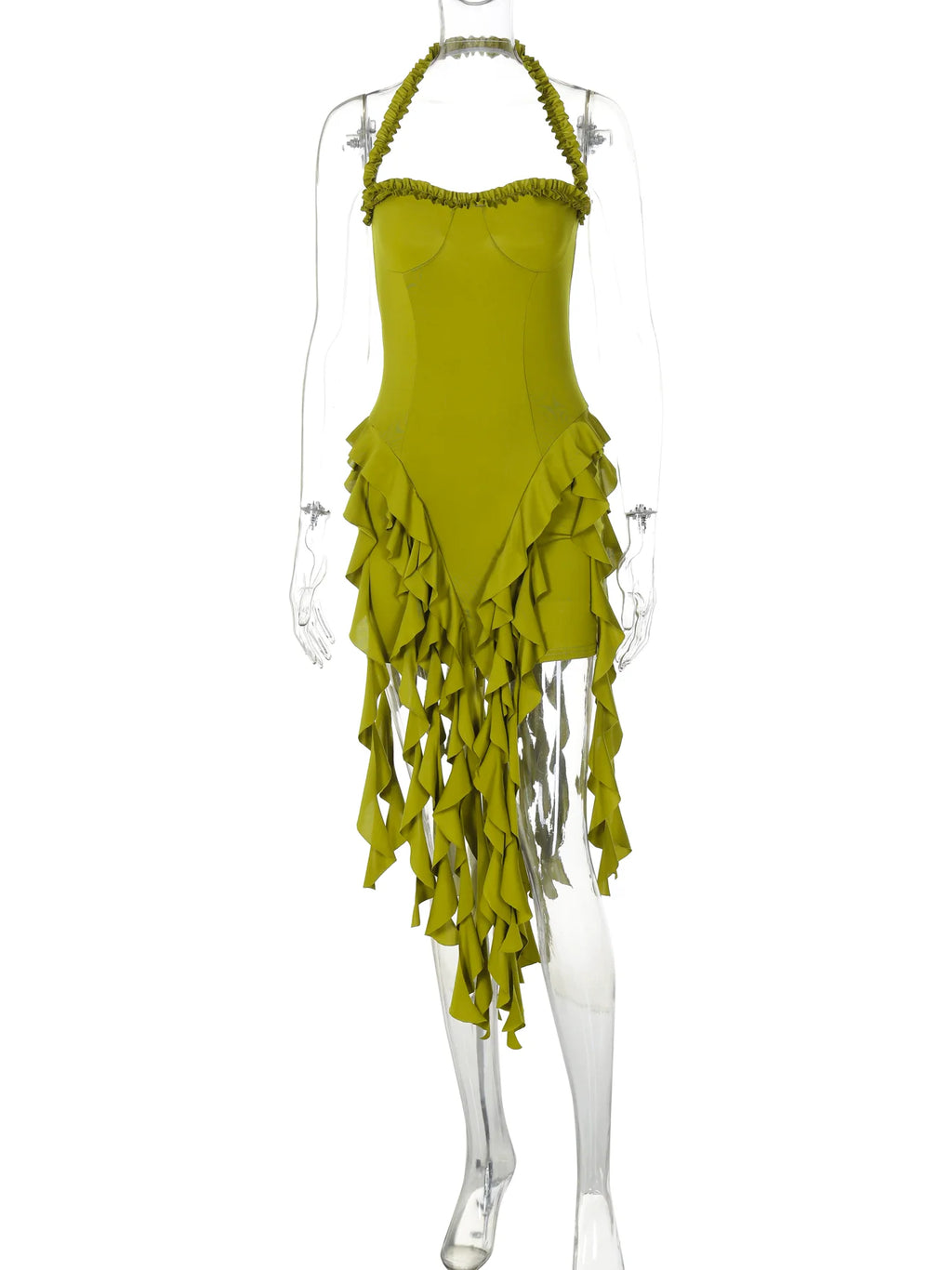 Elegant Halter Backless Ruffles Mini Dress Slim Fit With Tassel Detail