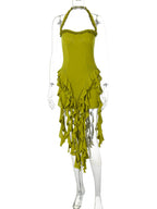 Elegant Halter Backless Ruffles Mini Dress Slim Fit With Tassel Detail